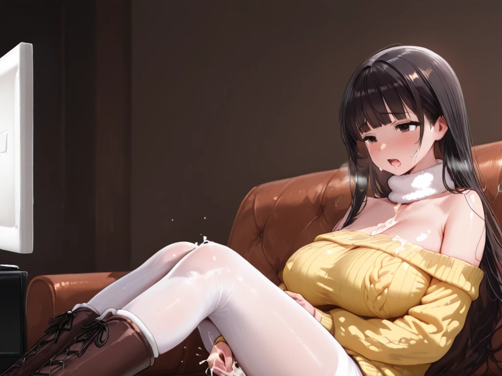 masterpiece, best quality, highres, bbyorf, (yor forger sitting lifting her skirt: 1.3), short hair with long locks, white hairband, red eyes, gold earrings, large breasts, jewelry, off shoulder, (red sweater: 2), (sweater dress: 2), long sleeves, black pantyhose, full body, (upskirt: 1), (white panties: 1), (visible panties: 1), (full body: 1.3), (big boobs: 1), (lifting her skirt: 1), (full body: 1.3), realistic, ultra realistic