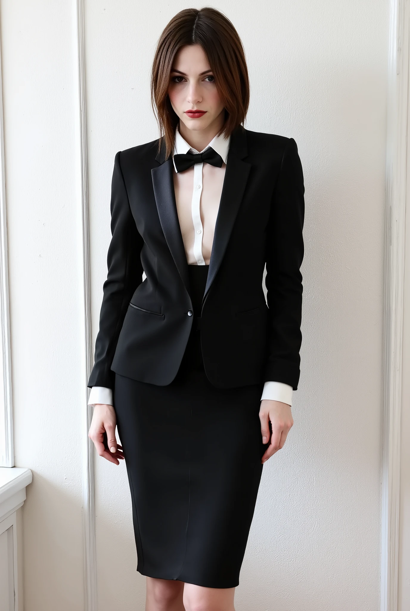 (absurdres, highres, ultra detailed), masterpiece, Amanda Riley as ada wong (resident evil), ((solo)), short dark hair, 1girl, skirt suit, tuxedo, black jacket, waistcoat, black bowtie, bodycon skirt, black clothing, miniskirt, closed mouth, standing, portrait, beautiful,