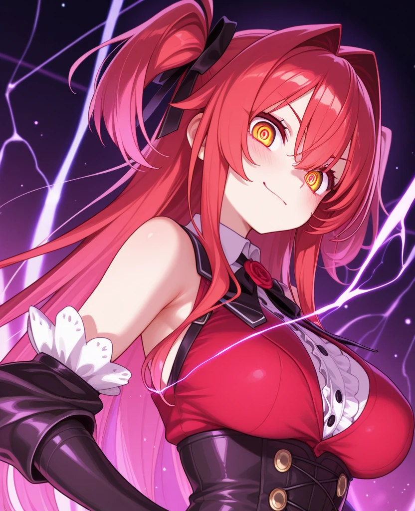 Long hair twin tails in purple-red color、The length of the bangs is neatly aligned.、Mischievous face and serious mouth、Magician's outfit、Red cloak is swinging、breasts are heavily exposed、Bodysuit with exposed nakedness、Blue colored magic wand in right hand、The magic wand glows blue、Fire Magic、Unleash the Fireball、Red flame and light around the body、Stars twinkle in the night sky、Meteors are beautiful、The magic circle glows suspiciously