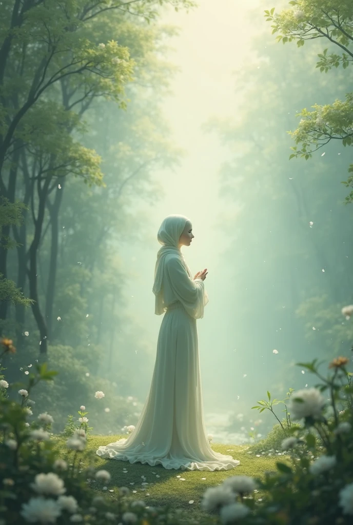 A female tree spirit with full hijab and she is talking with her willow tree and she had a soft green aura around her