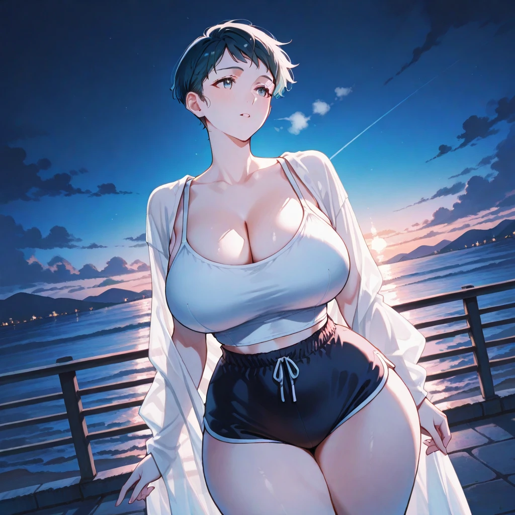 dynamic angle, Full body, solo, alone, a very cute girl, 15yo, black bob cuts, Glasses, (shy:1.3), (blush stickers), (barefoot, closed mouth), (gigantic breasts, between legs:1.3), cleavage, (Orange T-shirt, white pants), View from above, Sitting in the bedroom, wariza, Sunset, parfect lighting, (masterpiece), (Best Quality), (ultra-detailliert) , bimbo lips