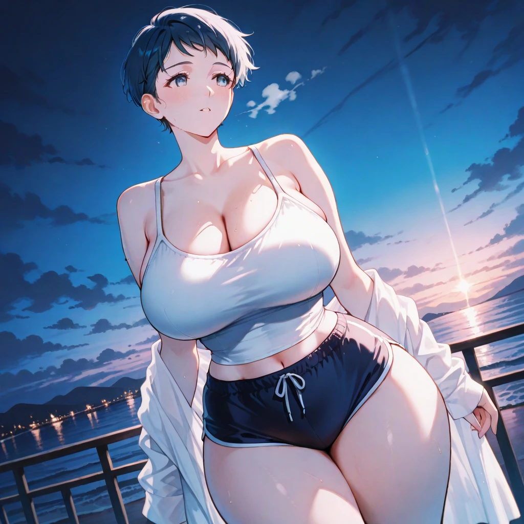（Extremely detailed CG unified 8k wallpaper),(masterpiece), (Best quality), (Ultra Detailed), (Best Illustration),(The best shadow)，Tender belly，Tender thighs，Standing by the sea，Take off your swimsuit，Smile at me
