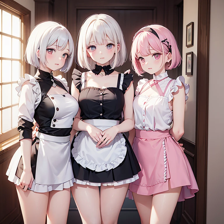 highest quality、masterpiece、((2 girls:1.5))、((smile:1.3))、(blush:1.3)、Black Shirt、blouse、((fun!!))、(Small breasts)、()、Blonde、(Long sleeve)、((White apron:1.5))、((Maid))、((hair ornaments)),、Kamimei、look at me、 ((in house:1.5))、 Taking a break from watching the audience、Cowboy Shot、(Skirt lift:1.3),(Highly detailed pink striped panties:1.3)、(Highly detailed panties:1.3)、、(スカート that rolls up:1.3)、(Panties fully exposed:1.5)、Light blue eyes、long hair、Glowing Eyes