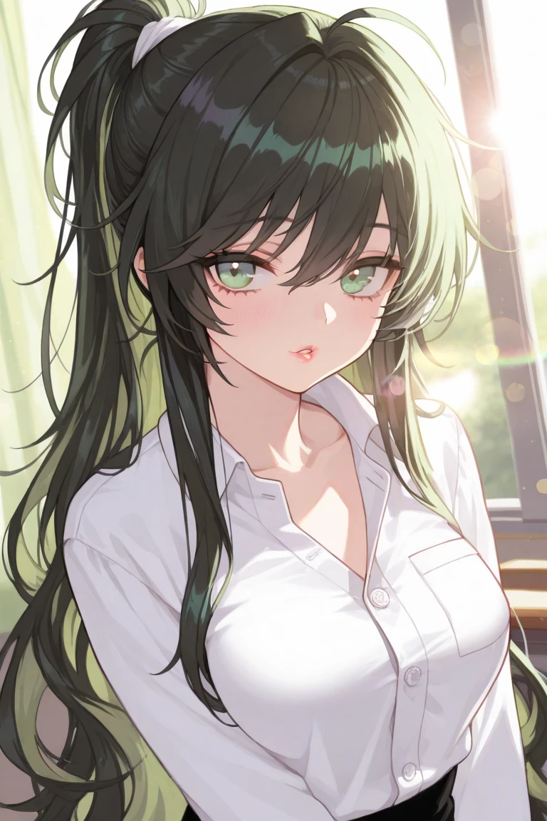 A pretty lady with hair wavy medium black hair and green eyes, giving a rich, toublemaker and bad girl vibe, looking at you with a smugly, school, modern era, close up, school hallway, 5 beautiful fingers