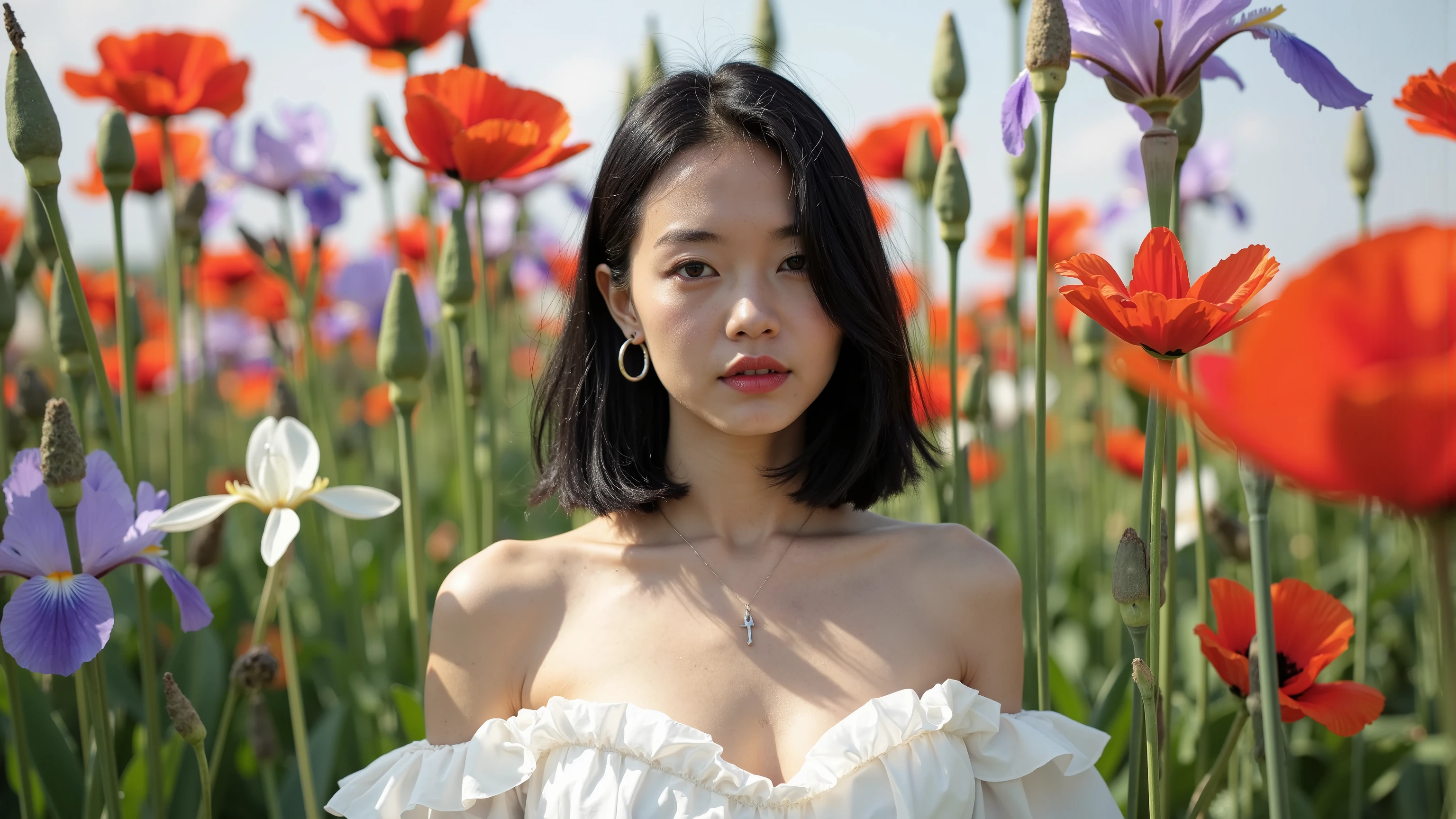 a close-up, facing-camera image of a young Vietnamese woman amid a surreal field of oversized wildflowers—giant poppies, daisies, and irises crowd around her, their petals and leaves forming a vibrant, textured background. The lighting is soft and diffuse, with shafts of sunlight streaming through the petals, emphasizing the muse-like dreaminess of the moment. Her hair is styled in a glossy, jet-black bob, cut sharp at the jaw and parted on the side, with every strand defined and luminous. She wears a white, off-shoulder muse dress, the neckline cut deep to reveal her full, seductive chest. The fabric is gossamer-thin and floats around her collarbone. Her skin is rendered in exquisite detail—pores visible on her forehead and cheeks, blue veins faintly visible along her temples and neck, and a fresh, powdery matte finish. Her makeup is limited to a soft pink lipstick, giving her lips a gentle pop of color. Her expression is cold and enigmatic, lips closed, eyes fixed on the camera with a distant, poetic intensity. She wears a single, minimalist silver earring. The image captures the intersection of high fashion, natural beauty, and the fantastical scale of the flower-filled surroundings.
