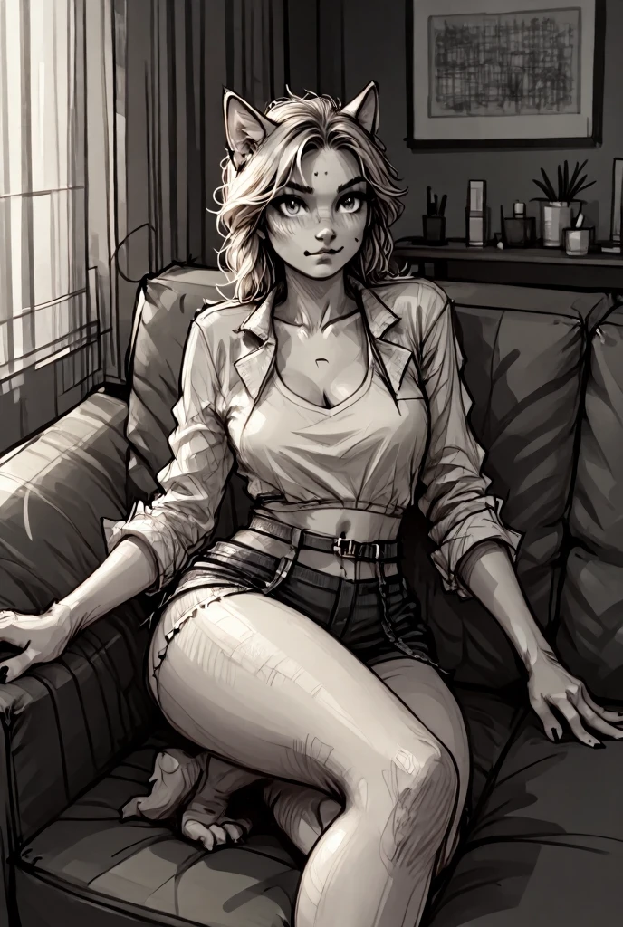 A woman wear black and white sitting in a couch with fire and eagle head background