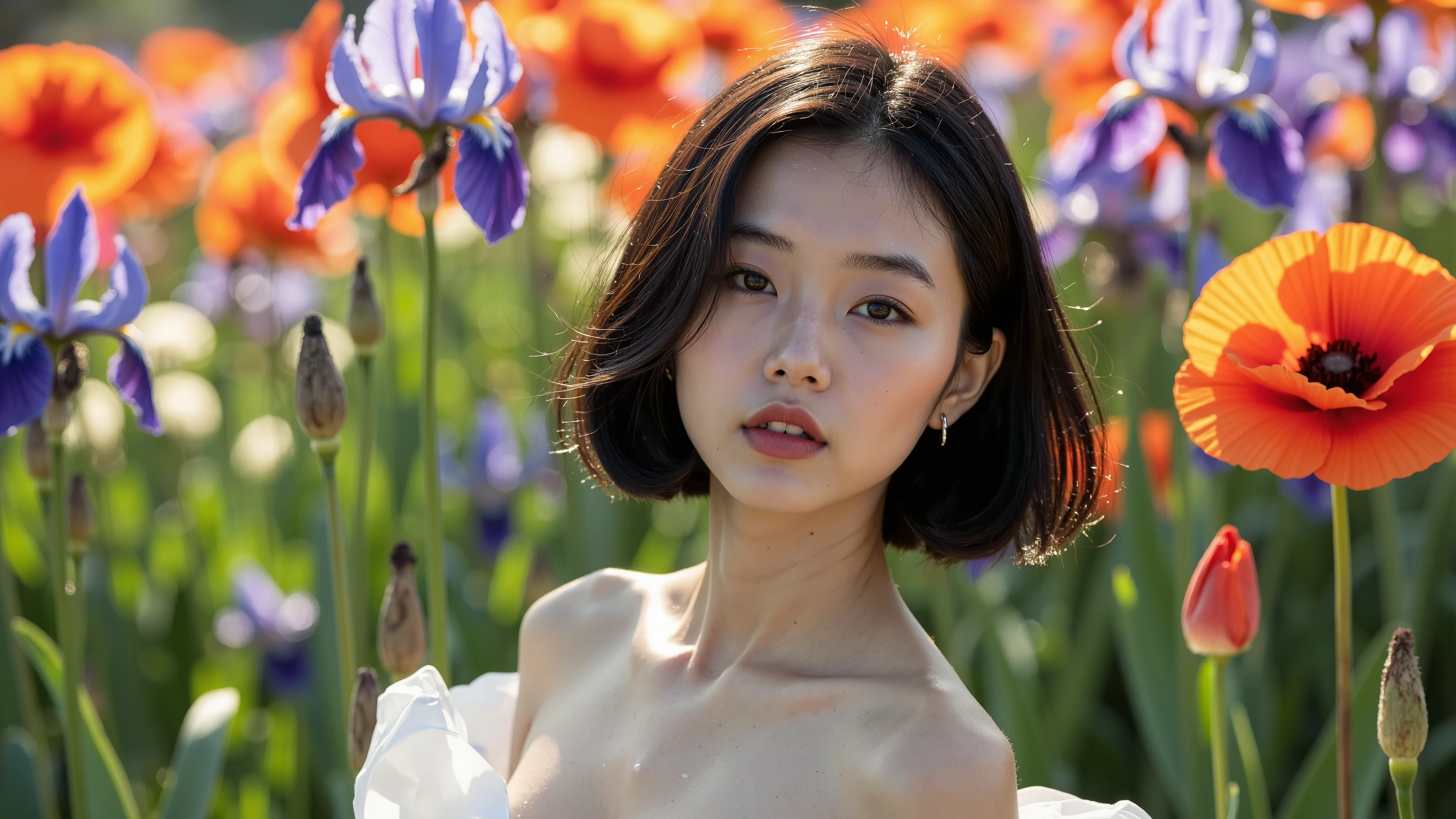 a close-up, facing-camera image of a young Vietnamese woman amid a surreal field of oversized wildflowers—giant poppies, daisies, and irises crowd around her, their petals and leaves forming a vibrant, textured background. The lighting is soft and diffuse, with shafts of sunlight streaming through the petals, emphasizing the muse-like dreaminess of the moment. Her hair is styled in a glossy, jet-black bob, cut sharp at the jaw and parted on the side, with every strand defined and luminous. She wears a white, off-shoulder muse dress, the neckline cut deep to reveal her full, seductive chest. The fabric is gossamer-thin and floats around her collarbone. Her skin is rendered in exquisite detail—pores visible on her forehead and cheeks, blue veins faintly visible along her temples and neck, and a fresh, powdery matte finish. Her makeup is limited to a soft pink lipstick, giving her lips a gentle pop of color. Her expression is cold and enigmatic, lips closed, eyes fixed on the camera with a distant, poetic intensity. She wears a single, minimalist silver earring. The image captures the intersection of high fashion, natural beauty, and the fantastical scale of the flower-filled surroundings.
