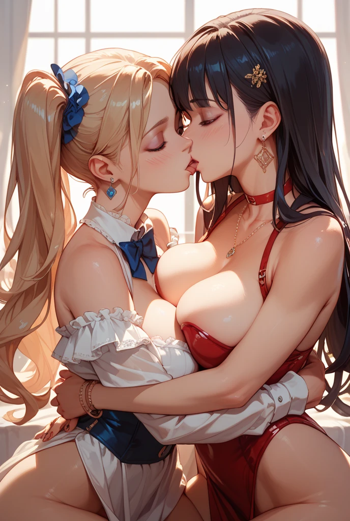 Masterpiece, Best Quality, ultra high resolution, very sexy 20 year old woman with sagging breasts, With short black hair, he has a very passionate kiss with another woman, big detailed tits, much saliva, they grab their tits