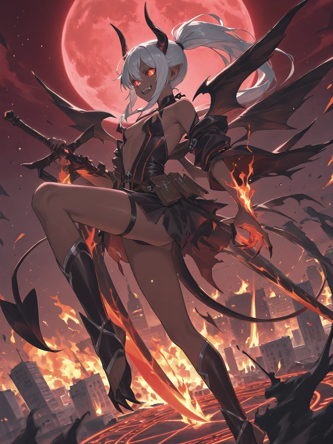 a 18-year-old girl flat chest,She rise from a lava pit, she has horns, some kind of demon from the earth core, She's wearing a bikini, and her expression is a mix of wonder and amazement (((looking at herself)))  ((((Dragon made of fire)))) ((((fire dargon))) (((translucid dragon))) swirling on the scene, Fire themed art piece
