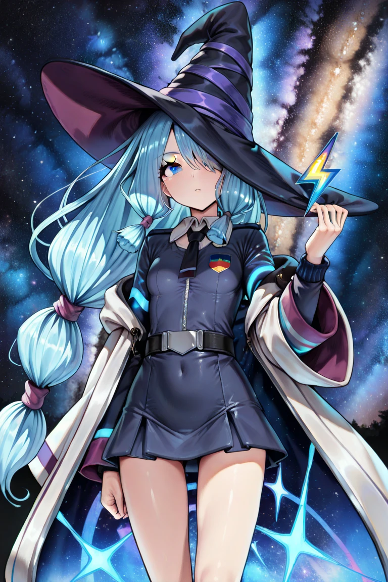 ((rainbow hair)), hair over shoulder, messy hair, hair over eyes, witch hat, wizard hat, grin, bright pupils, happy, anime, cinematic lighting, UHD, ((masterpiece)), super detail, (detailed eyes, detailed face), high quality, highres, high details, Witch with powerful magical light, female wizard, wide-brimmed hat, wizard's staff, wand, A torrent of light, colorful rays intersecting, (Right arm thrust out in front), orange costume, light blue hair, perfect body, sexy