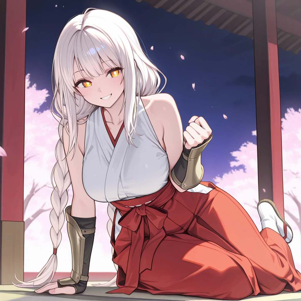 A fair-skinned kunoichi with snow white hair and red eye makeup, calmly sitting in the shadows, baggy sleep-deprived eyes, feminine curves, and lean musculature.