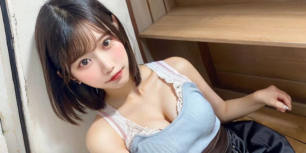 Highest quality,japanese,looking smartphone,girl,smile,messy room,chest exposed, self_shot,under wear