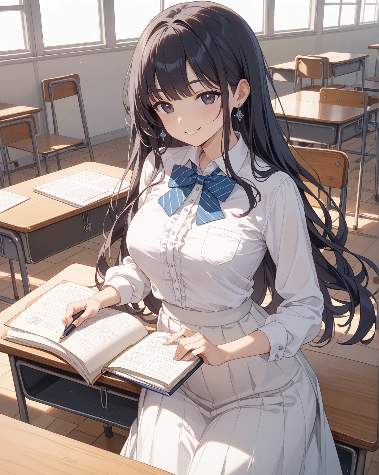 (masterpiece, Highest quality:1.2), (Realistic, photoRealistic:1.3), Browsing Caution, View your viewers,1 girl, high school girl, Perfect Face, Glowing Skin, (Long Hair),Black Hair, Blue eyes, Long eyelashes, Beautiful Hair, Beautiful Face, Beautiful attention to detail, (Blazer uniform, Pleated mini skirt,Black Stockings), A bow tie, (Embarrassed face),Sitting on a chair in the classroom,Holding a book,