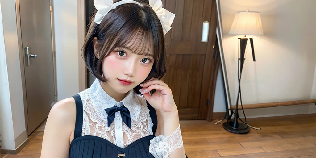 Pink shorthair、Because of the bangs on the left eye、I can't see my left eye when viewed from the front.、14About the age、His face is Japan person-like.、Red eyes、Maid clothes、White collar independent(Ribbon replaces tie)、Bare skin is exposed on the chest、White boob bag、Black corset girth、Those who have exposed skin、Independent sleeves from upper arm down、Sleeve color is black、The sleeves are white and ruffled、Apron slightly shorter than skirt length from the waist down、The apron is white with ruffled borders、The skirt is black and about 15 cm above the knee、Hanging socks with a garter belt、Socks are white with knee 5cmHeight above degree、Skin is exposed from the hem of the skirt to the top of the socks.、Skinny、小柄、A slight smil、a baby face、Black loafers at the feet、Katyusha on the head、The headband has decorations on the white flower buds.5Comes with pieces、The right side of the head is decorated with flowers.、Photorealistic、Skin like a real person、kawaii、small tits、high-level image quality、Large files、Small face、