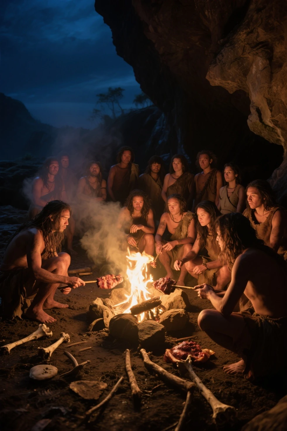 Simple image of cavemen discovering fire 