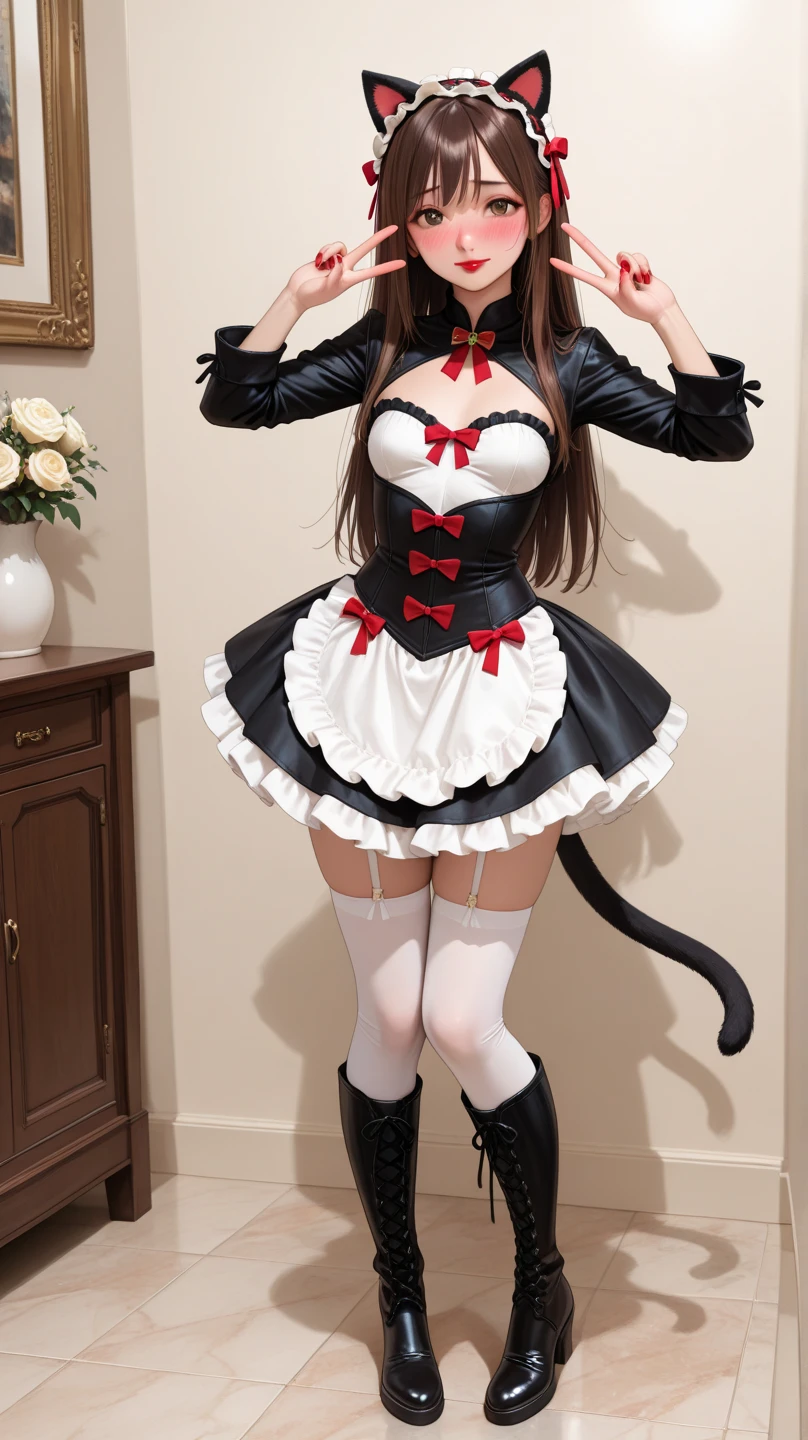 generate me an image of a girl in a sexy black cat cosplay costume