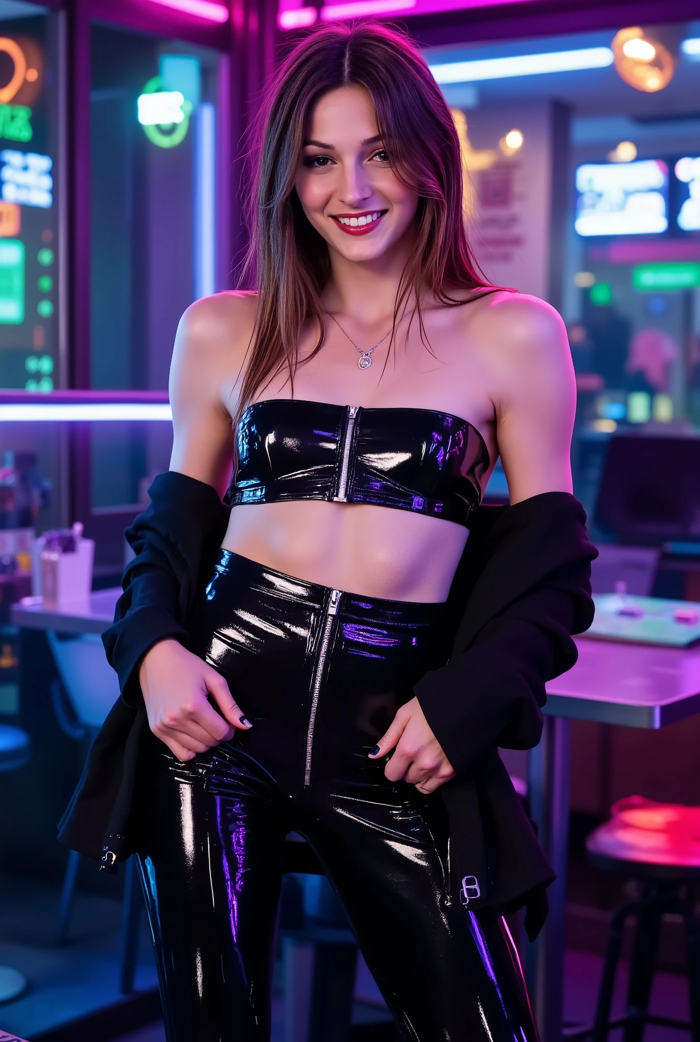 Front view, Professional photo, cyberpunk style, Lindsay Pelas, (cyborg), multi-colored long hair, leather bra, short black leather shorts, rusty armor on arms and legs, behind the bar, fantasy bar, neon light, neon light passes through hair, depth sharpness, bokeh, ((looks at camera))
