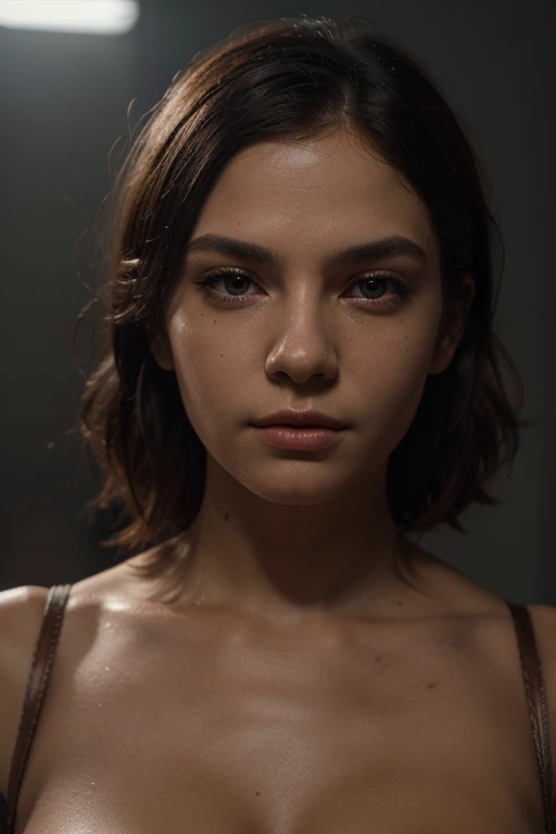 Elizabeth Henstridge with short brown hair, serious expression, wearing a white dress, thin body, detailed face, 8k, photorealistic, high quality, masterpiece, concept art, dramatic lighting, cinematic