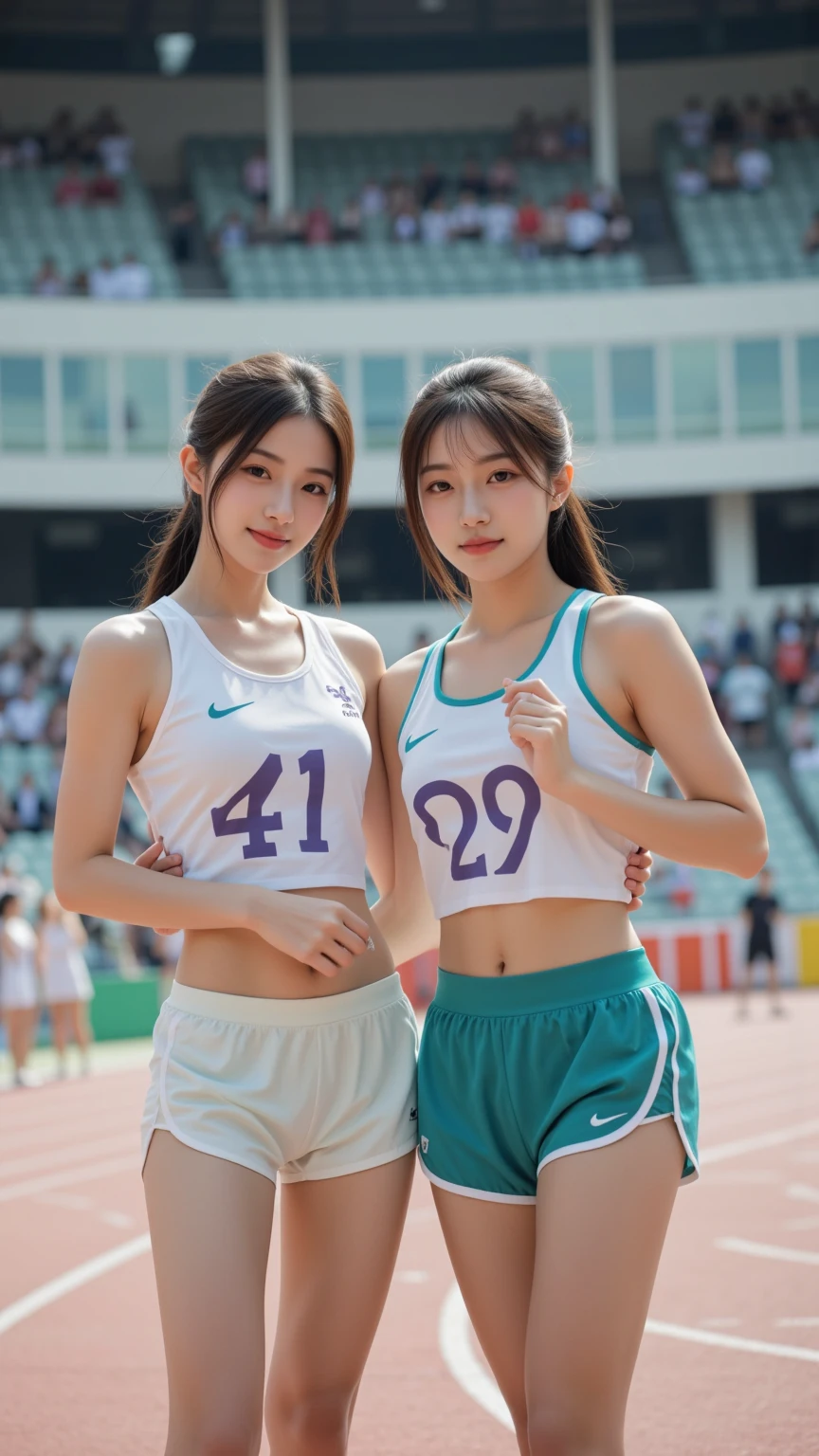 Highly detailed CG Unity 8k wallpaper、Highest quality、Ultra-detailed、masterpiece、Realistic、Photo realistic、A cute girl drawn in great detail、18-year-old、Track and field athlete costumes、Japanese、Panty Focus、breast enhancement、Semi Body Shot、Athletics Stadium、crowd、