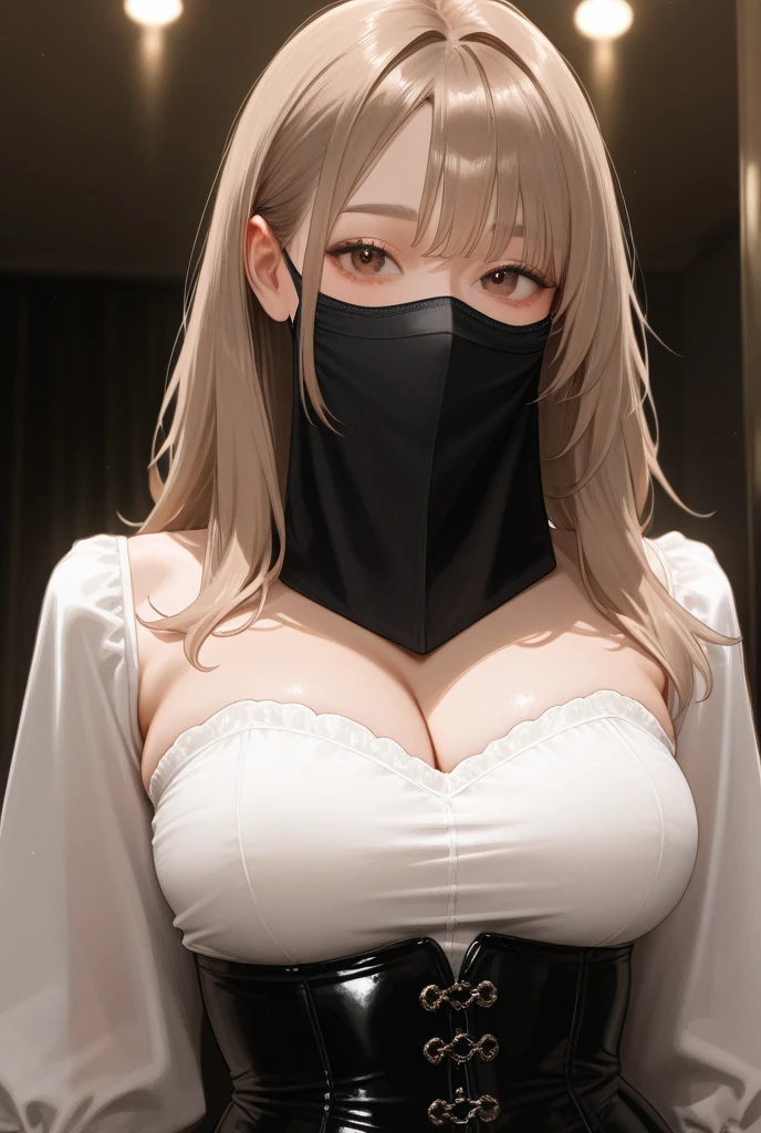 ((best quality)), ((masterpiece)), (detailed), (((perfect face))), 8k, (((hot chick asian girl, she can be seen from the knee upwards in the picture))), (((there is a dark classroom in the background))), ((sexy school girl costume), (((detailed face))), (((big tits on focus))), ((blonde long hair))), (makeup), ((big and face on focus)), (((black lacy brassiere))), (((wearing a mask))), (stocking), ((makeup)), ((garter belts)), (((bad girl))