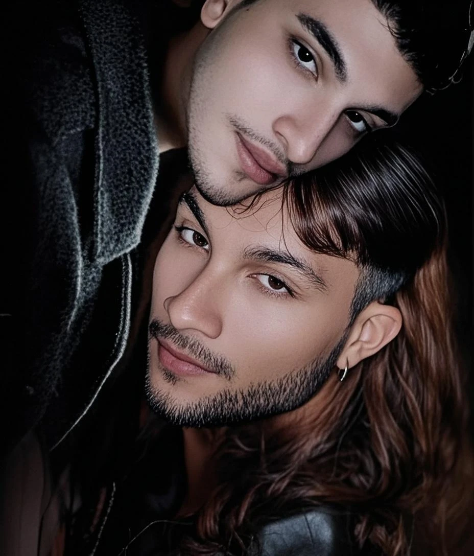Sex pose with a trans and cis man, both with androgynous looking and very passionate expressions