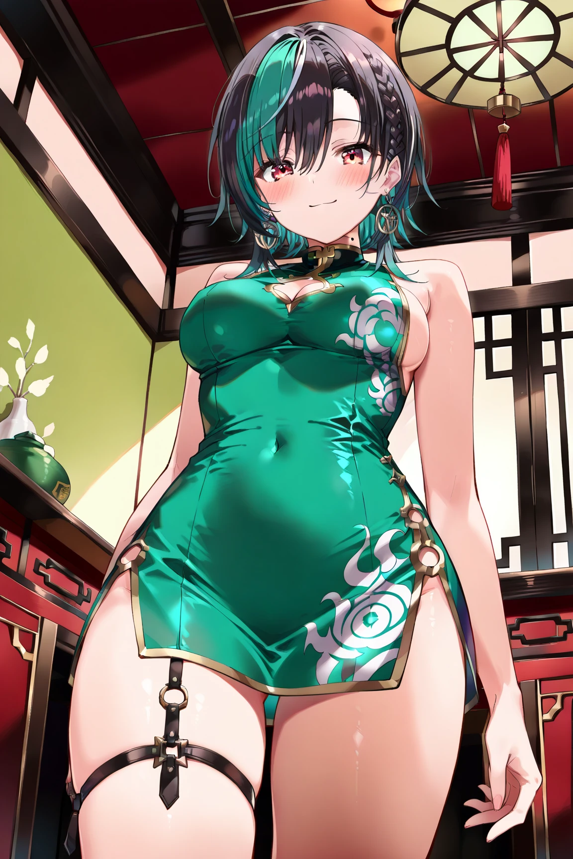 (Best Quality、masutepiece)、1 Women、plump body、Erotic、Fold your hands behind your head 、Red Long Cheongsam、side slits、Colossal breasts、Big ass、shinny skin、Double bun、Green eyes、Green hair、short-hair、thighs thighs thighs thighs