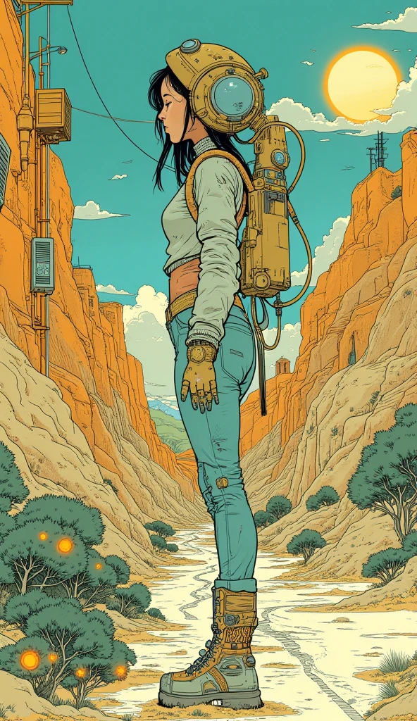 <lora:Moebius (Jean Giraud) Style:1>Moebius (Jean Giraud) Style - A picture by Jean Giraud Moebius, the picture shows a petite, woman , full body, drawing, industrial backdrop in Moebius' signature style with sharp detailing and vibrant colors. Captured with a Panavision Panaflex Gold II and an Ultra Panavision 70 lens, the image is full of film grain and low - key lighting that creates a mysterious and intense atmosphere.