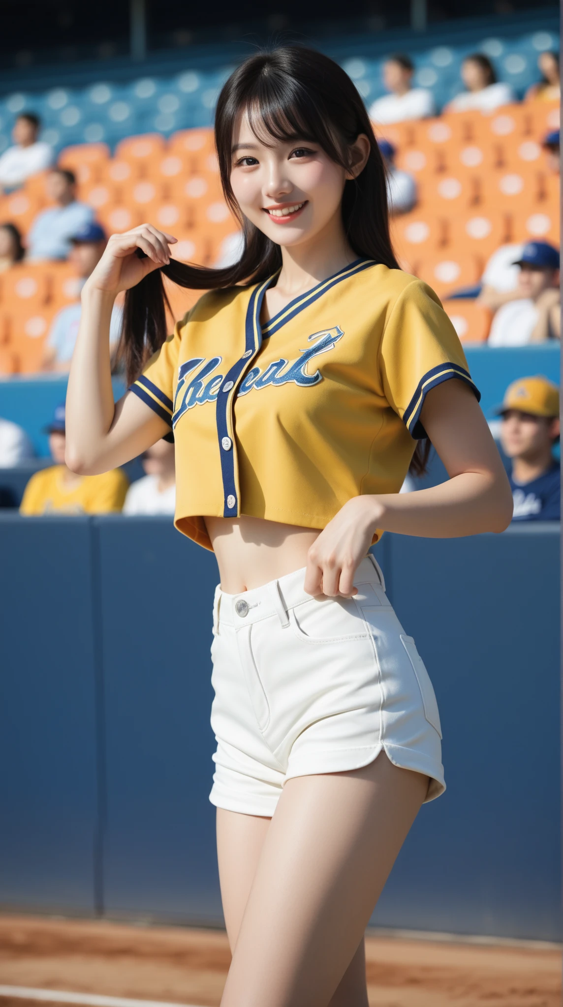 ((top-quality,8K,photographrealistic:1.4,masutepiece)),Back lighting, A cute Japanese woman, sixteen years old,(((Bull Cheerleader:1.2))),((Background of the baseball stadium:1.2)),raise leg, Y-shaped balance, Black eye, Smile, A dark-haired,