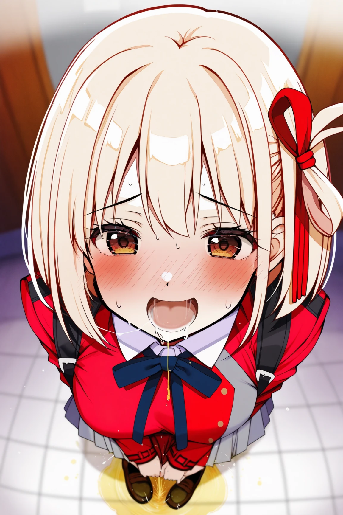 (( Chisato, Takina, girl, pov, hetero, blowjob, deepthroat, inn background, bed, )), (extremely close-up of face :1.1, ), ( absurdres, ultra HD, 8k wallpaper, cinematic lighting, ),