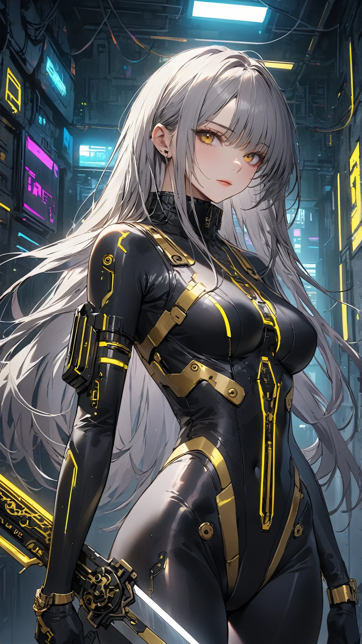 masterpiece, highest quality, Perfect Face, Highest Resolution, Highest quality,Detailed depiction of the eyes, foxy, 1 girl, young, skinny body, White Hair, Long Hair,one side braid grated, Cat ear, Big cat eyes, Yellow Eyes, cyber punk, navy blue mechanical arm guard, navy blue mechanical leg guard, Expose your shoulders, Exposing your thighs, cat tail, Black ribbon choker, small breasts, Perfect Anatomy, skyscraper