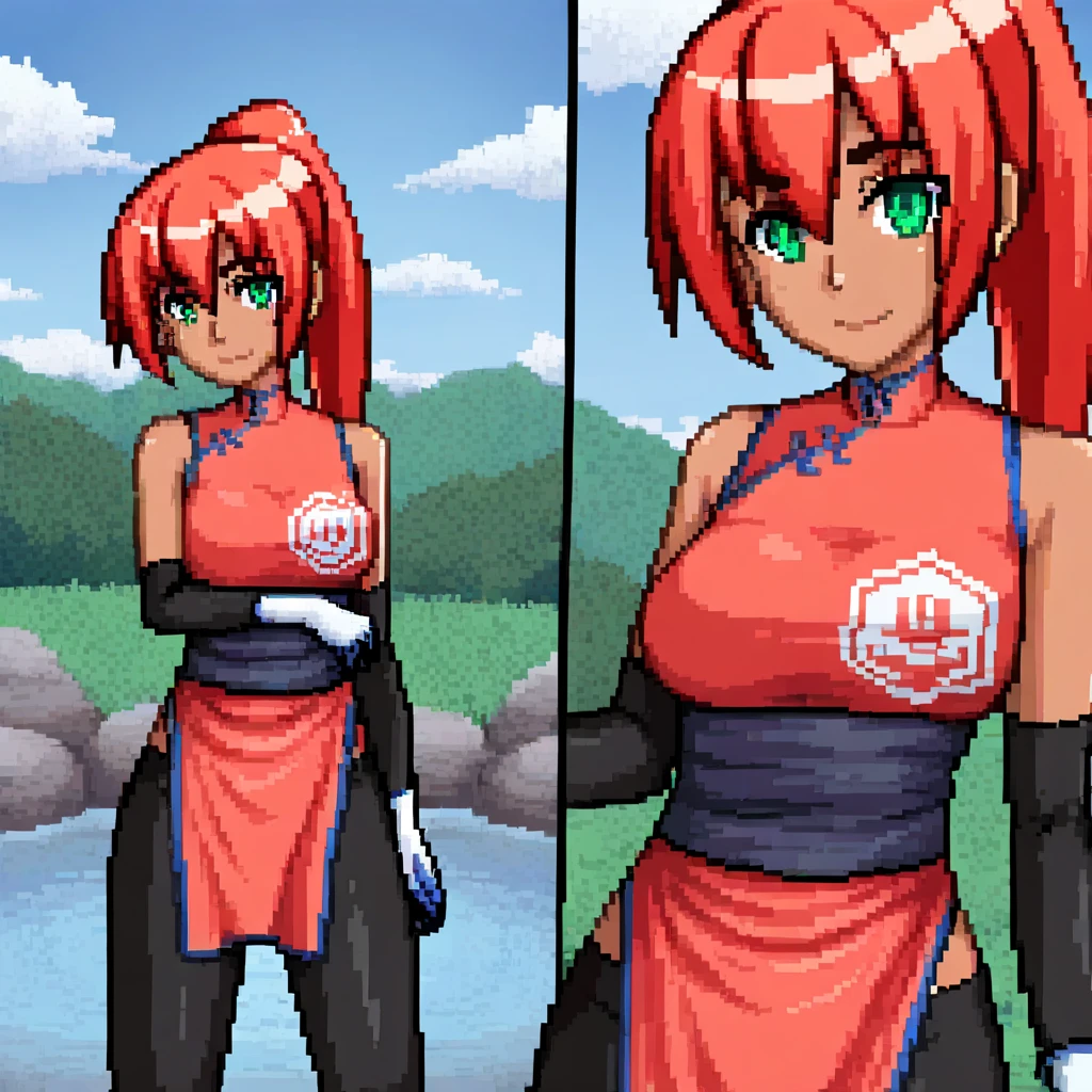 (Masterpiece, Best Quality, High Quality), cowboy shot, standing,Nishikino maki, Red hair, purple eyes, illustration, beautiful, a bow,upper body, kunoichi dress, thighs,(big breasts:1.2), cleavage ,looking at viewer,seductive smile, blushing, arms up,armpits,pixel_art