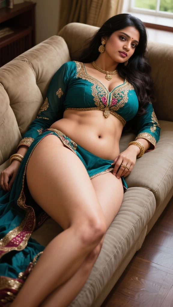 Photorealistic Image of a beautiful Indian woman sitting by spreading legs, dildo in her pussy, wearing saree and blouse, blouse falling from shoulder, navel piercing, sweating skin, detailed skin, georgeous, close eyes, pretty throat, seduction, hot, sexy Dim prompt As String = "A close-up portrait of a gorgeous half-naked Indian woman with dildo in pussy, navel piercing in navel, oil-sheened skin, thick body. She wears a vibrant saree and a matching blouse, navel piercing, her bare shoulder adorned with intricate henna designs. Her eyes are gently closed, and her expression is seductive, thick and sexy, a large dildo in pussy, detailed pussy, nipples, ((High quality: 1.8)), ((Detailed skin)), ((Detailed hair)), ((Wearing saree)), (((Indian Saree))), cinematic light, beautiful scenes