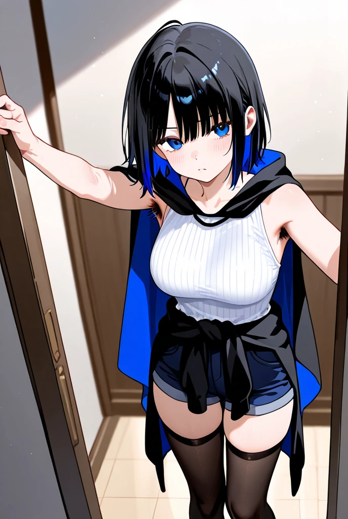 tennis girl in tight mini virgin killer sweater, loose panty stretched around lower legs, wearing oven mittens behind head, blindfold