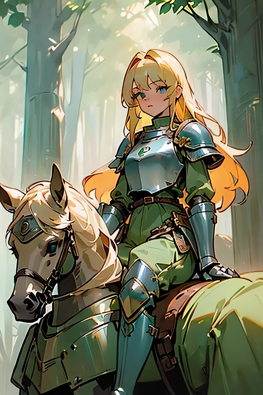 (((masterpiece))), (((best quality))), ((ultra-detailed)), (cinematic lighting), (illustration), (beautiful detailed eyes), (1girl), full body, knight, armour, light hair, sitting on robot horse, forest, best quality, expressive eyes, perfect face, Girl: (20s, blonde hair, long hair, light green baggy shirt, armour, breastplate, jumpsuit, knee boots)