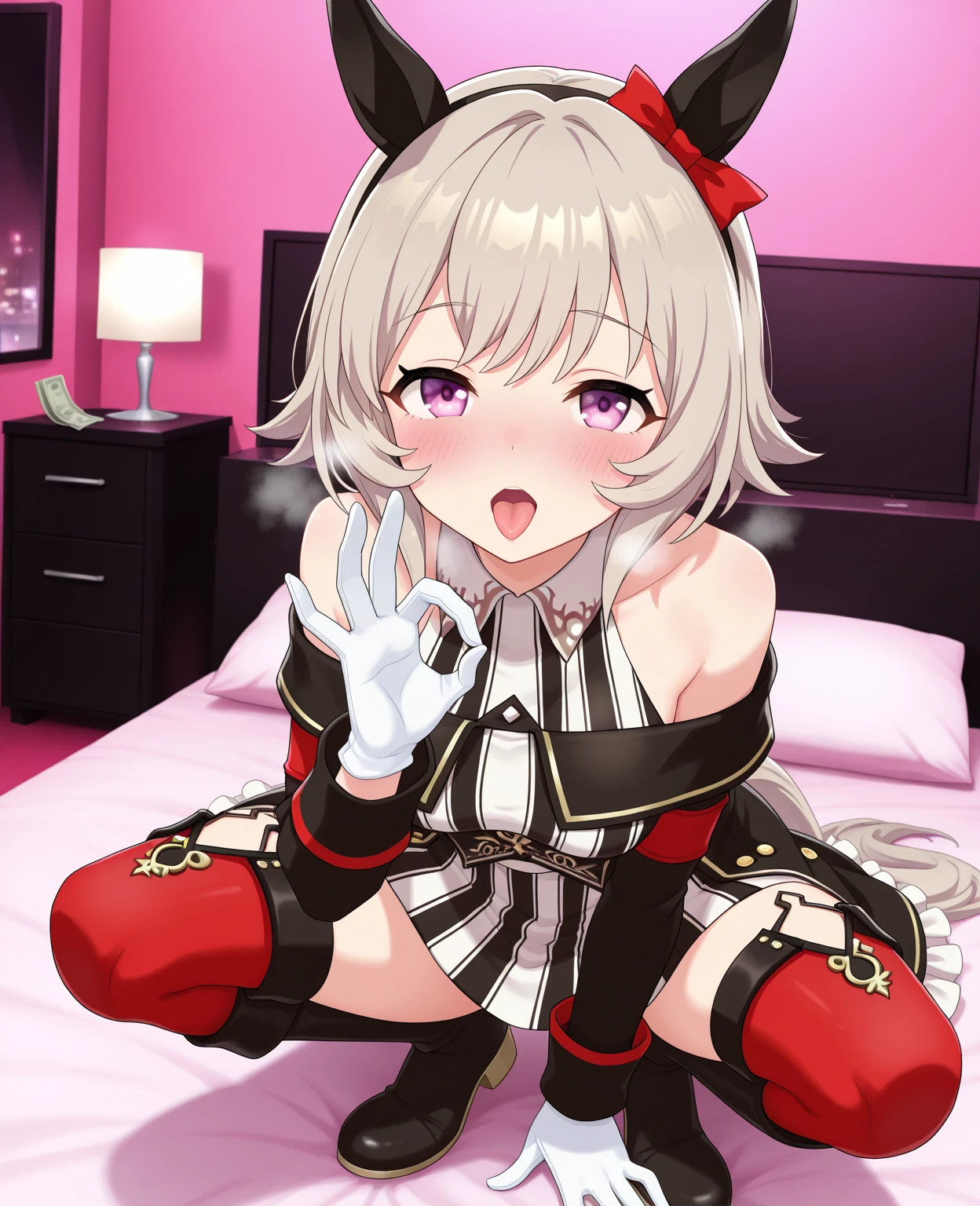 score_9, score_8_up, score_7_up, score_6_up, score_5_up, score_4_up, source_anime, BREAK
OyamaMahiro, 1girl, solo, 1girl, solo, female, text, hair, breasts, clothed, blush, open mouth, looking at viewer, black cat top, thong, smile, , erect nipples under clothes, black stockings, standing, ass up