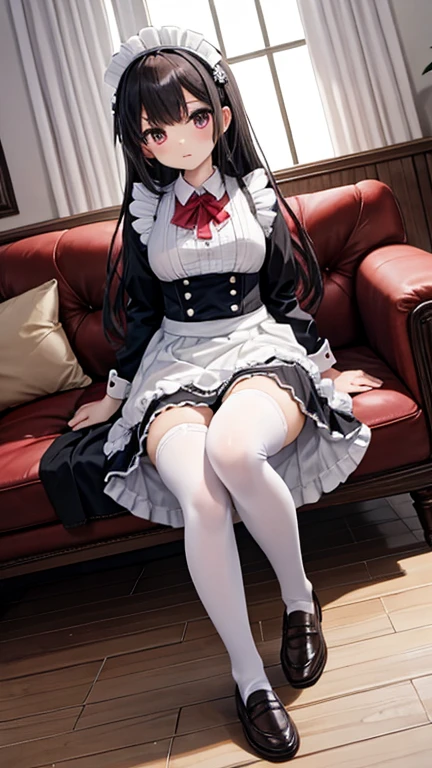 A is wearing white stockings, a dress and no shoes.