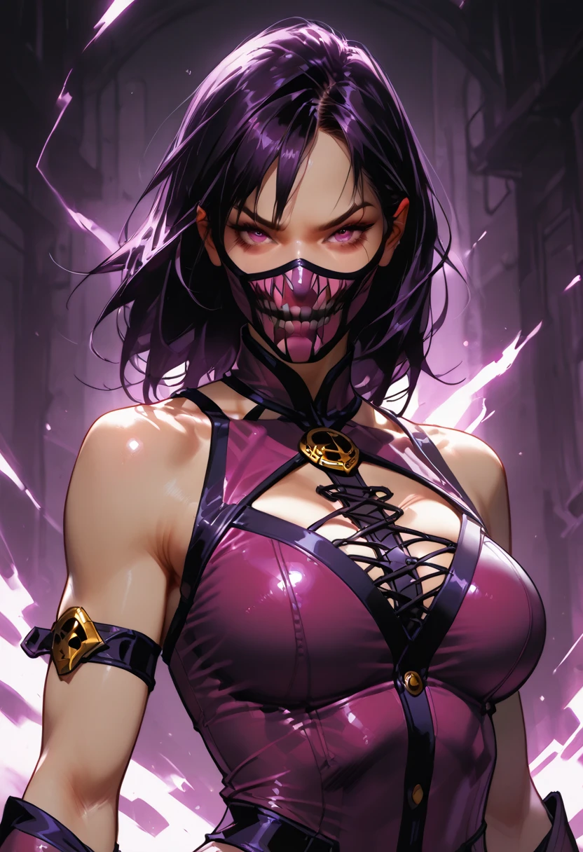 Mileena, short black hair, yellow eyes, cold staring,
mouth mask, leotard, elbow gloves ,fishnets,
standing, upper body, close up,
open bridge, stars, cloudy, moon,
(insanely detailed, beautiful detailed face, masterpiece, best quality)
<lora:Mileena-10v5:0.7>