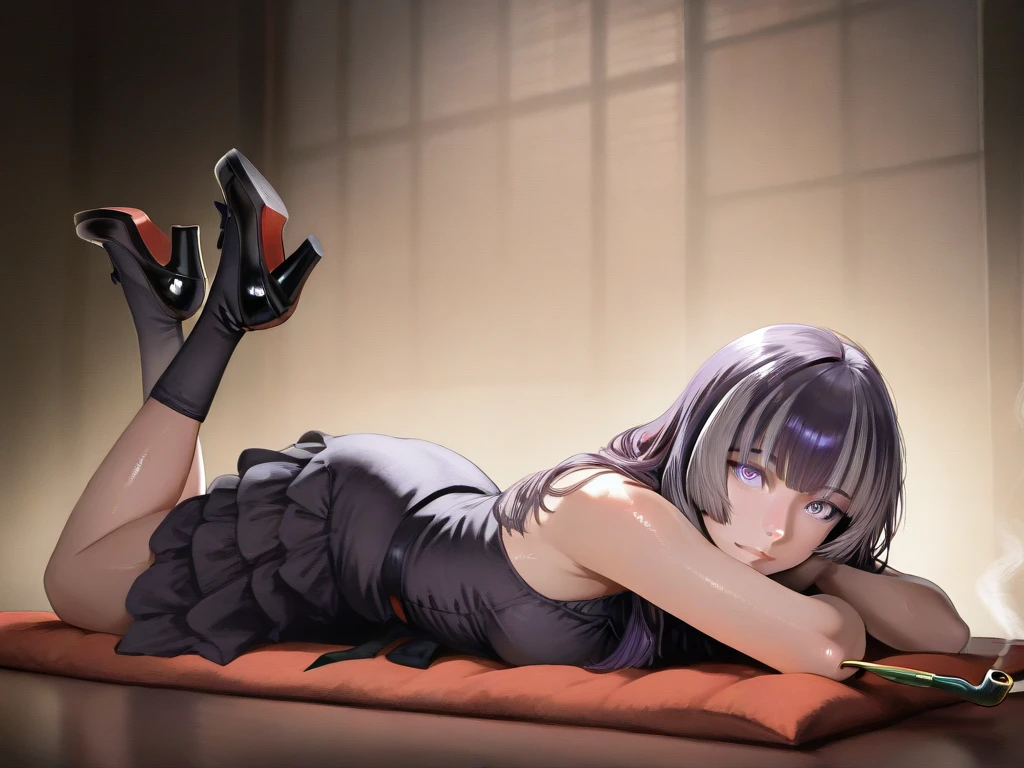 1girl, kafka \(honkai: star rail\), honkai \(series\),living room,lying on a sofa,bondage,gaged,ballgag,rope, shibari,hand behind back,masterpiece,very aesthetic,newest,