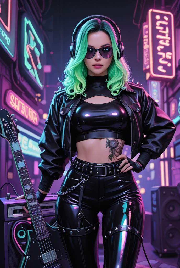 Stefania Ferrario, corpo perfeito, do Joelho pra cima, sem oculos, usando jaqueta cyberpunk, lingerie branca e botinas compridas ate o joelho, tocando guitarra gibson no meio de uma rua com uma cidade futurista a noite, neon, luzes, laser steering: Josan Gonzalez