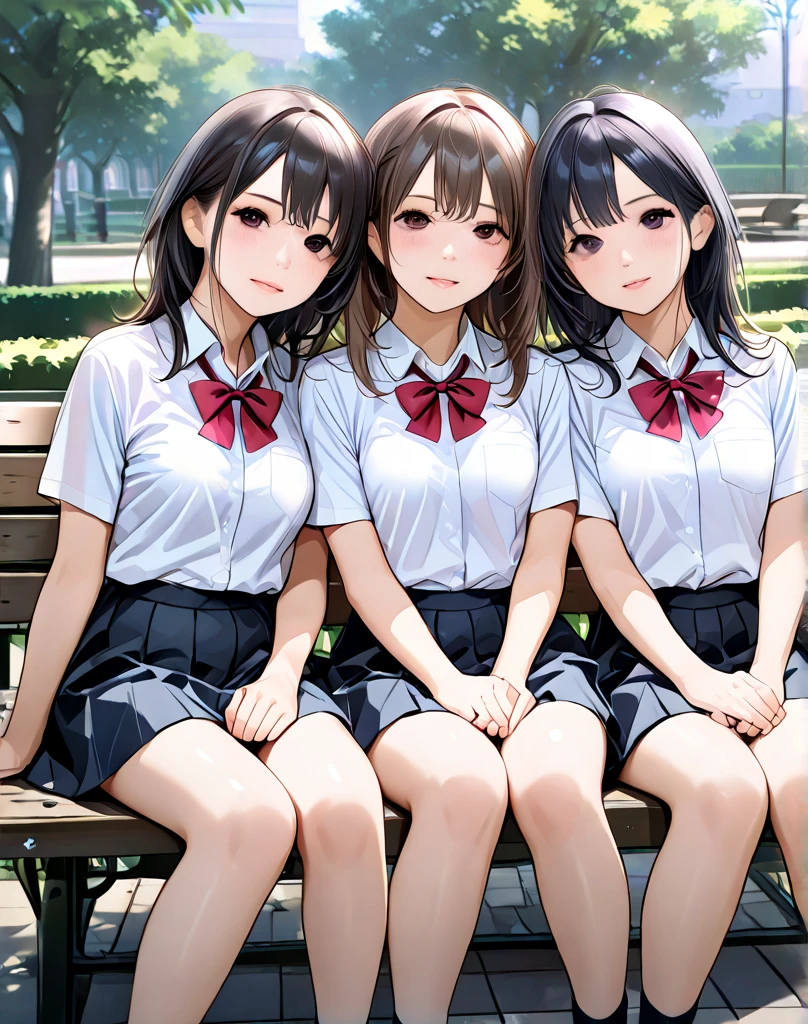 Three happy girls were sitting on the stone steps, Take a full body photo、Laughing happily、She was wearing a white blouse, Vans Sneakers, Red checked skirt、White sneakers, Black Hair, detached houses, Flowers,Happy girl with round face, Big eyes, Long eyelashes, Full-body display、Detailed Private Parts、Hairless、Detailed female genitalia、Spread your legs、From directly below、I see your white pants