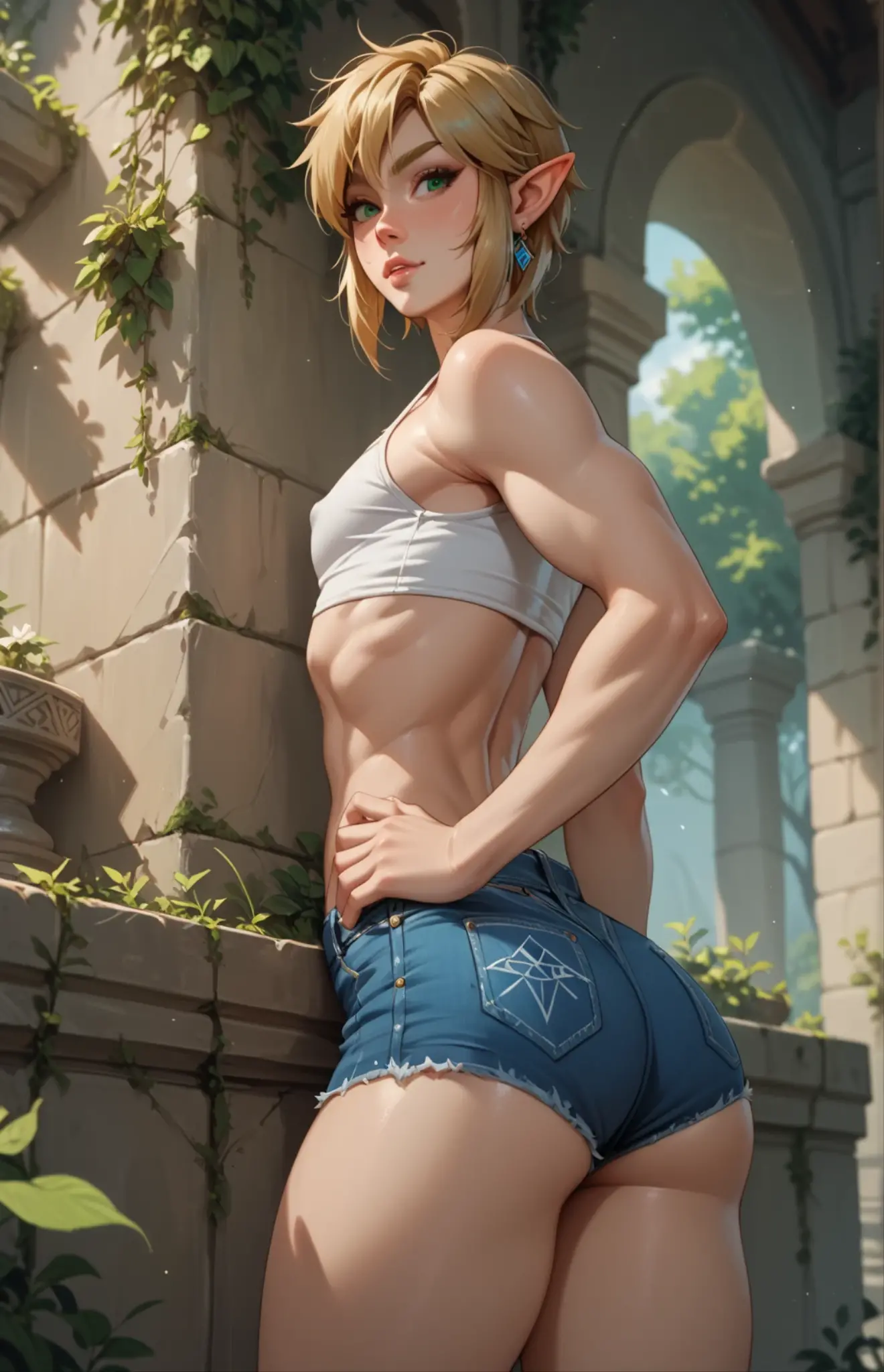 (Highest quality:1.5, High resolution, 超High resolution, 4K, Detailed lighting, Shaders)(Beautiful details:1.6)(Artoria Pendragon), alone (Swimsuit)++ short hair,ponytail Parody, Blue choker, Beautiful Abs Beautiful arm muscles ((Are standing)) Realistic swimming pool Angle from below Cool look Beautiful ass