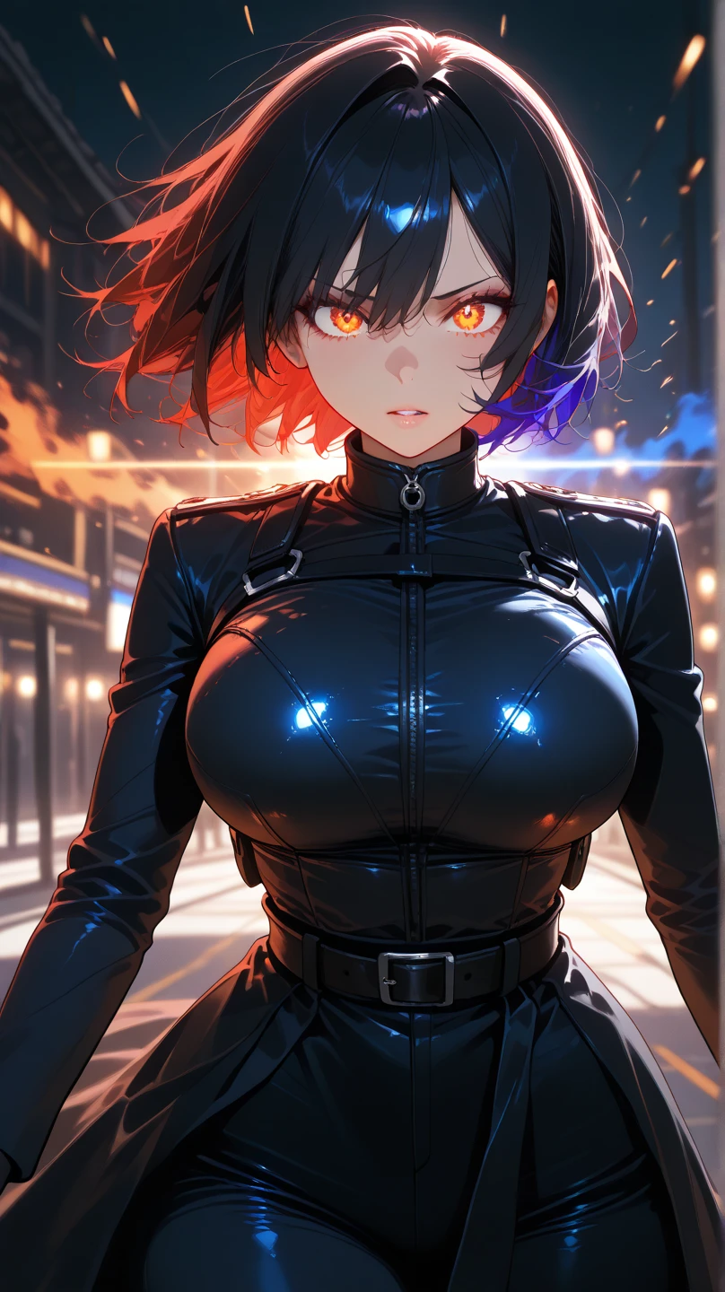 muscular girl huge breasts black hair yellow eyes frown sad blushing dark atmosphere
