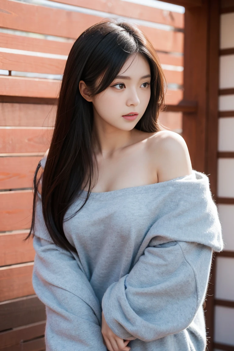 masterpiece, highest quality, 8k, 20th Generation, Big Breasts, cute, alone, sad, cute, Girlish, cute、Delicate girl, Pure beauty, RAW Photos, Professional photography, Portraiture, Soft Light, Professional Lighting, Backlight, Upper Body, avert your eyes, Sophisticated, Film Grain, (Round face、Young Face、Thin eyebrows、Thin lips:1.0), Floating Hair, beautiful, Flowing hair, bangs, White blouse、Grayish color cardigan、(Big Breasts:1.2)、I can see a little cleavage、dolly make、Heterochromia iridis、Left and right eyes are different colors、Focus on the face