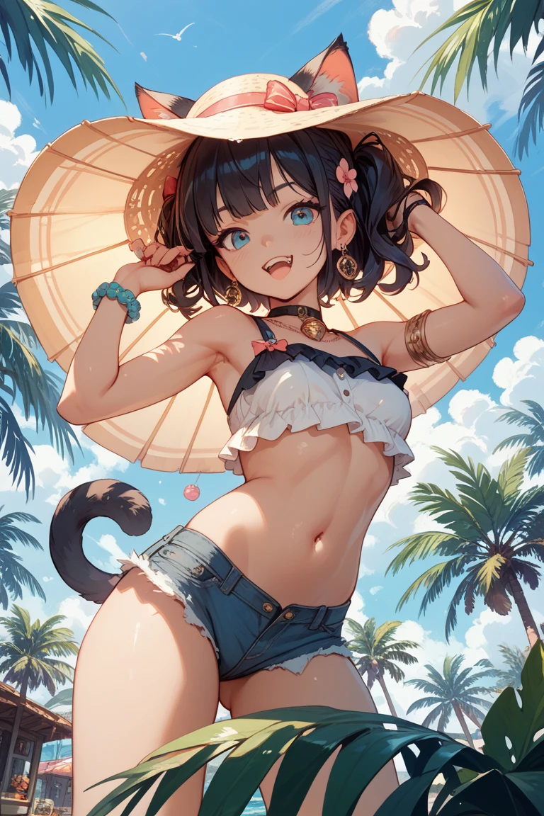 from below, (masterpiece), best quality, perfect face, (masterpiece, high quality, highest quality:1.2), 1girl, solo, black hair, (bob hair), medium breast, blue sky, (bikini), (thick thighs), (cameltoe:1.2), smile, (nipples:0.9), sky, clouds, cat ears, tail, wet, sweaty, ((sexy body)), (wide hips),