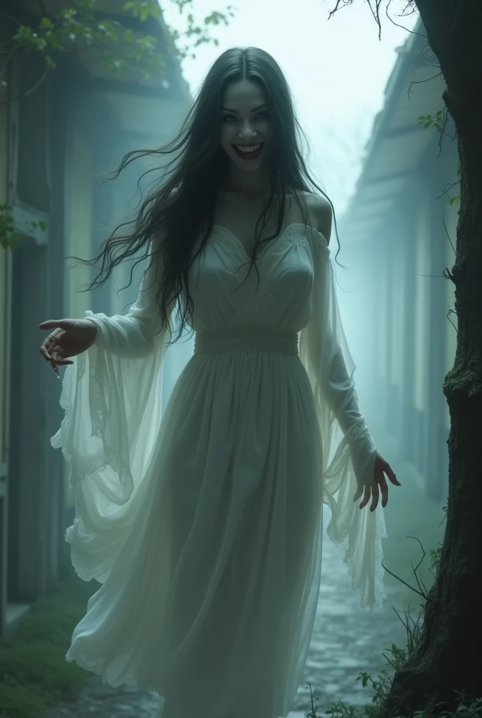 woman in a white dress, black hair, with a macabre face, smile, empty gaze, with holes for eyes. This woman is a haunting and gives a feeling of fear and chills, she is in the middle of the fog, in a dense forest.