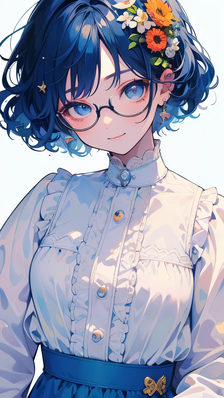 (( Highest Quality)), (( masterpiece)), ( details), wallpaper、Very details 、(((Very details な目と顔)))、smile、 masterpiece、 Highest Quality、 To details、glasses、short hair、blue hair 、Curly hair 、Summer clothes、 white background
