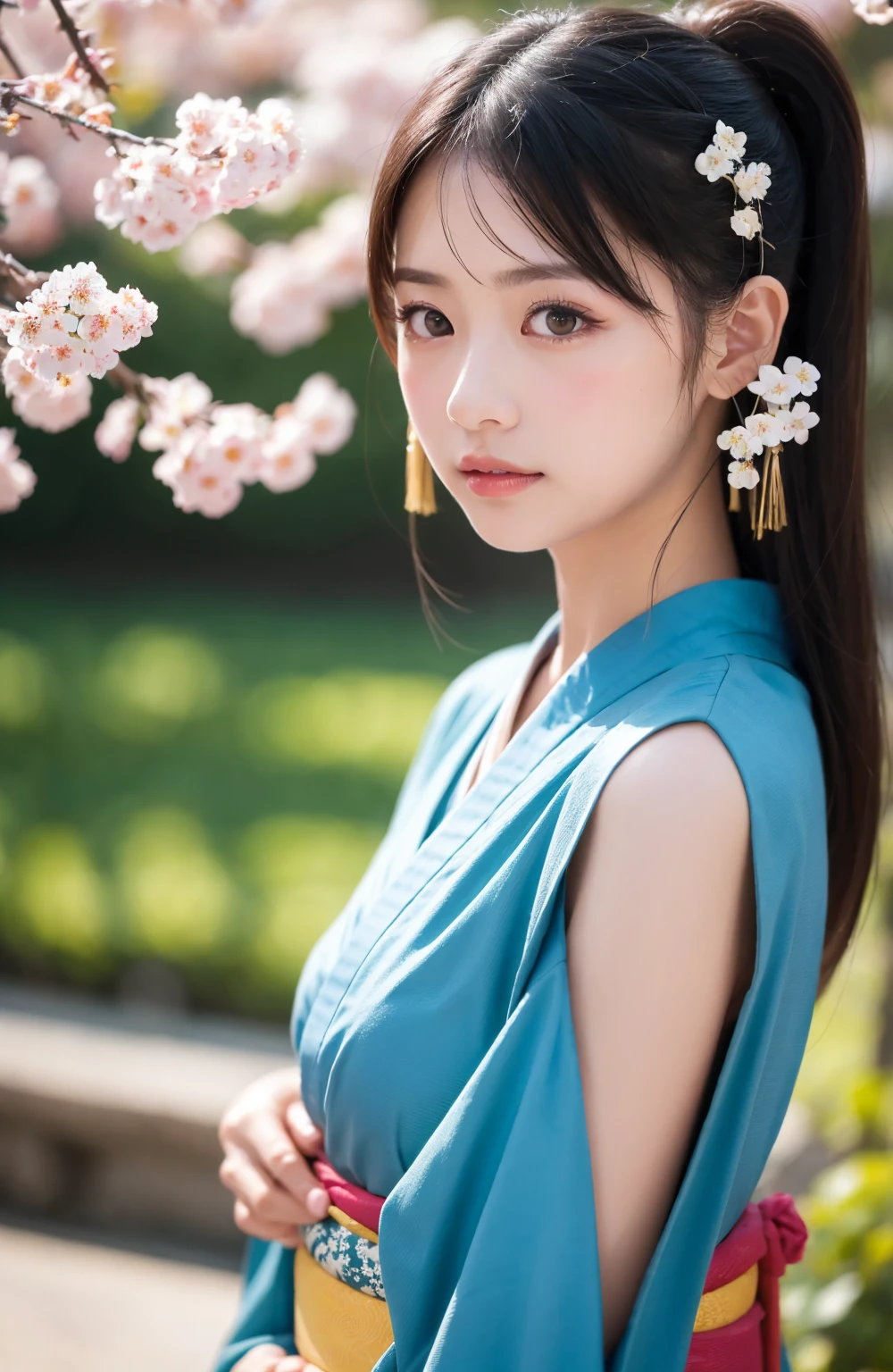 Focus on people。Create and express the best shining composition of the person in a realistic way。((masterpiece))、(((top-quality)))、((ultra-detailliert))、(A hyper-realistic)、(highly detailed CGillustration)、(extremely delicate and beautiful)、Girl a masterpiece、top-quality、Realistic skin feeling、Realistic fabric、We will introduce a realist illustration focusing on the center front of girls with realistic and ultra-detailed eyes.。This is the absolute rule, and the following sentence expresses the image quality。 The greatest painter in human history meets an unparalleled beauty、It is the greatest masterpiece in the history of the Inuiku Ichigo, which depicts the most beautiful figure of a lifetime.。 Create stunning anime artwork that is currently trending on seaStation、Introducing exquisite beauty and seductive aesthetics。Hair is tied up、Blue pesant dress with detailed floral embroidery、NOWAI