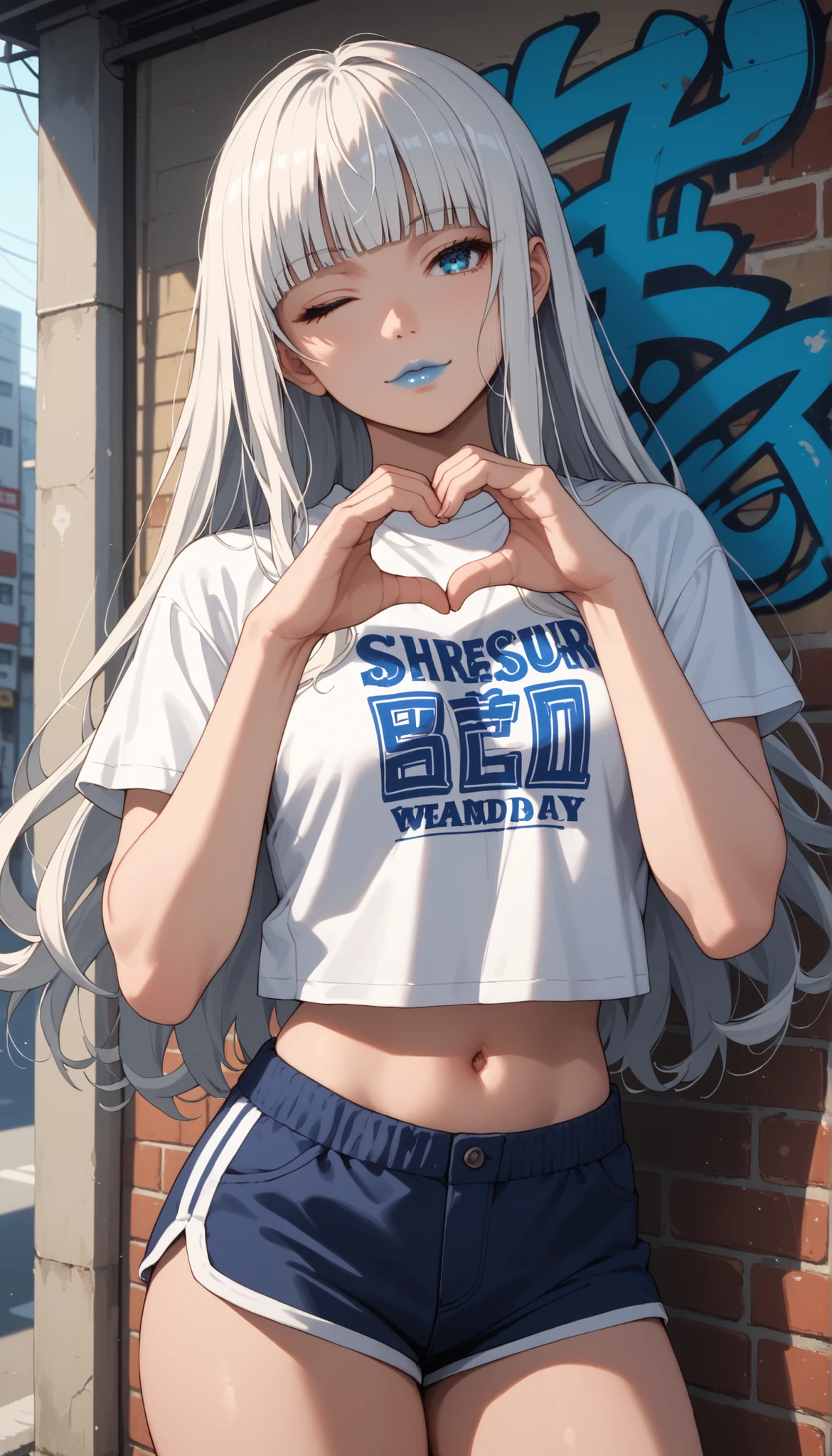 Score_9, score_8_up, score_7_up, score_6_up, source_anime, rating:general, 1girl, kirari momobami, white hair, long flowing hair, hime cut, blunt bangs, blue eyes, Sanpaku eyes, pale skin, round face, cute face, slender build, medium sized breasts, thick thighs, cute belly button, exposed midriff, cropped t-shirt, jersey sports short, slight head tilt, glossy blue lipstick, subtle edgy touch, standing, sunny, urban street in the day time, hazy sun shine, graffiti walls, foggy effects, edgy atmosphere, soft lighting, vivid colours, masterpiece, 8k quality, hand heart pose, wink