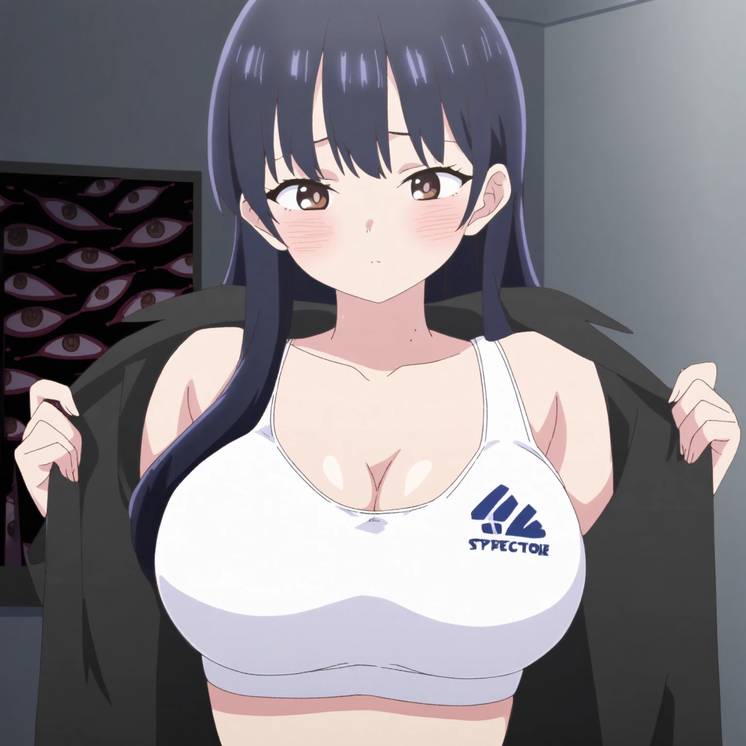 ((Masterpiece)), perfect anatomy, perfect shading, field of depth, (best quality), extremely delicate and beautiful, perfect lighting, detailed face, ultra cute face, cute, ((1girl)), ((solo))

long fluffy black hair, glasses, green eyes, ((blush)), nervous, looking at viewer, arms behind back, cheerleader uniform, red crop top, blue plaited skirt, thick thighs, cleavage, medium breasts, ((thick thighs)), (wide hips), ((plump)),

intricate background, detailed background, locker room,
