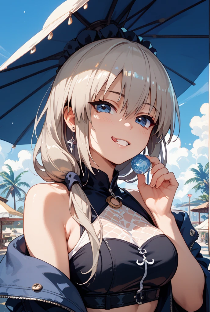 (((Masterpiece))), (((Best Quality))), (((Very Delicate and Beautiful))), (Highly Detailed CG Unity 8K Wallpaper: 1.3), Very Delicate Light, (Backlight), (Steampunk), /=, (Cowboy Body)), (1 Loli: 1.3), Solo, (Petite), (Small), White Swimsuit, High Waist Shorts, White Hair, Blue Eyes, Earrings, ( Wave Curly Short Hair), (Ahoge), (Cute Face: 1.114), (Fine Eyes: 1.15), (Cute Face: 1.114), (Beautiful Fine Eyes and Beautiful Face: 1.15), Girl smiling and looking happy in beautiful tropical landscape. Behind her, the sun is setting, casting a warm glow on the scene, creating a dreamy atmosphere. In the distance, palm trees sway in the breeze, creating a leisurely retro atmosphere, such as sand, sun, beach, sea, horizon, etc. Highly detailed ray tracing